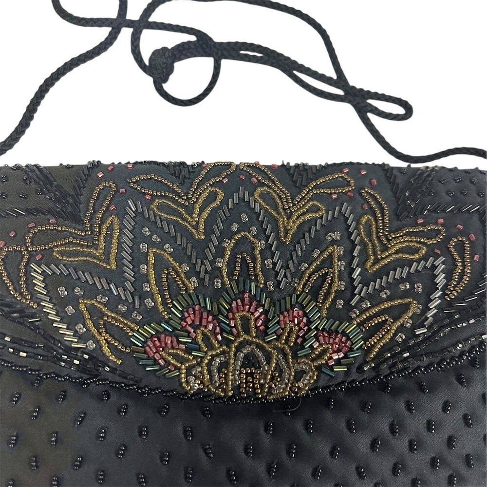 Vintage Black Beaded Sequin Floral Evening Clutch Purse Shoulder Strap
